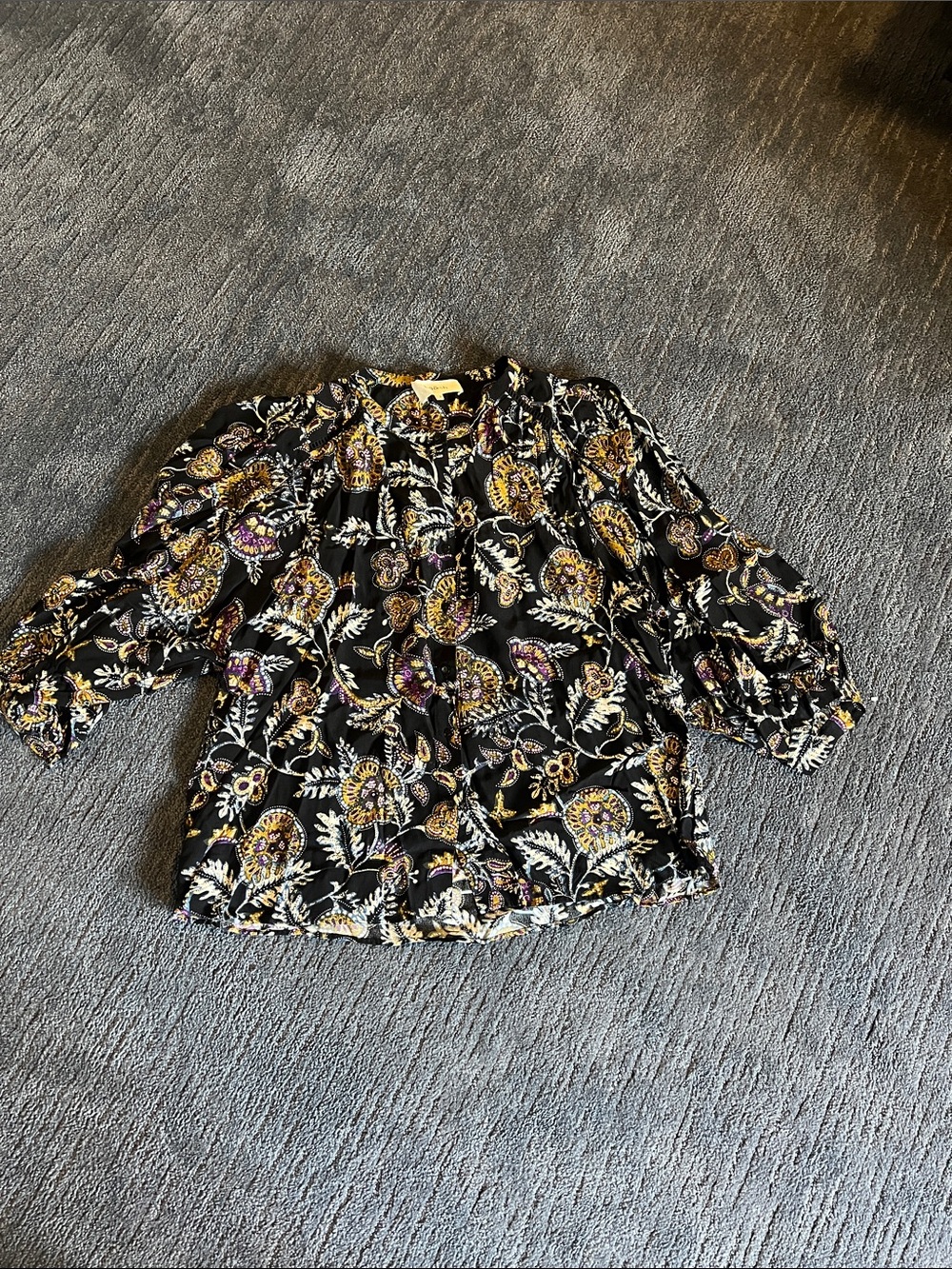 ba&sh Black Floral Peasant Blouse with Yellow & Purple Accents